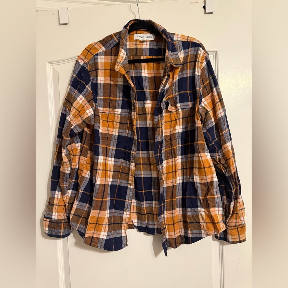 Old Navy Regular Fit Built In Flex Flannel Orange and Navy XL TOBACCO LEAF